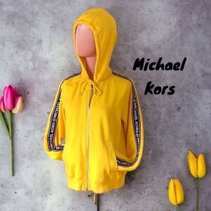MICHAEL KORS WOMENS SWEATSHIRT HOODIE MEDIUM SIGNATURE LOGO SLEEVES GOLDENYELLOW